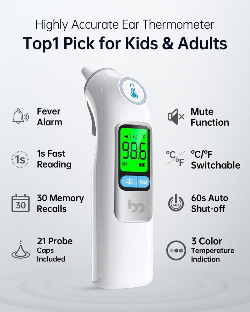 Femometer Infrared Ear Thermometer for Adults & Kids, Highly Accurate, 1s Result, 30 Memory Recall, 3-Color Fever Alarm, with 21 Disposable Probe Covers & Storage Case - Image 4